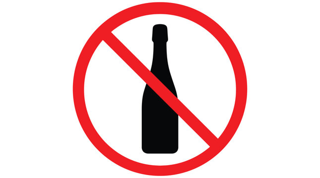 Red circular prohibition sign with black glass bottle silhouette indicating alcohol restriction zone