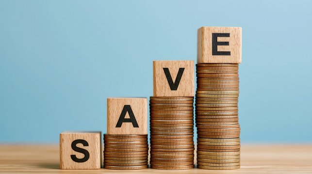 A stack of coins with wooden blocks spelling out the word SAVE
