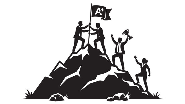Business team success silhouette, professional group reaching mountain peak with A+ flag and trophy, corporate leadership and teamwork vector