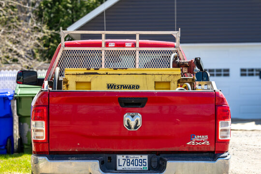 La Tuque, Quebec, 16 May 2026 : Red RAM pickup truck with a Westward toolbox and equipment in its bed