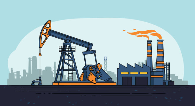 Industrial landscape featuring a blue oil pumpjack and a factory building with tall chimneys emitting orange smoke against a light blue sky.