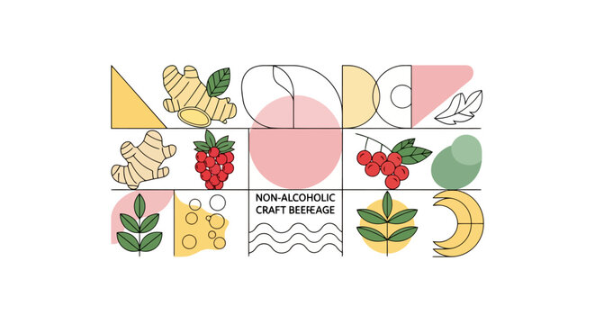Abstract geometric design with fruits and ginger for non-alcoholic craft beverage.