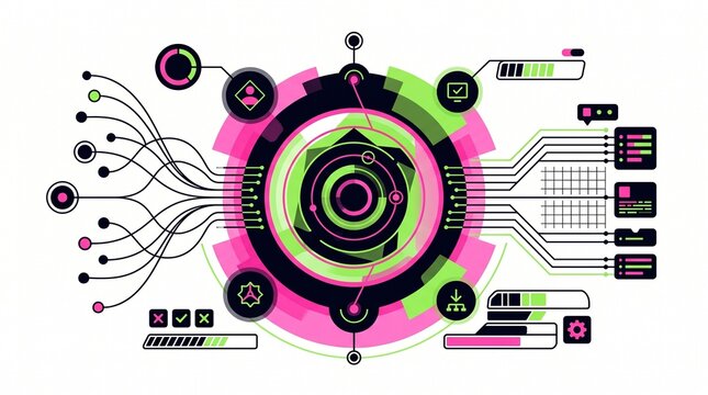 Abstract technology background illustration, digital data processing, futuristic network connections, and cyber security concept art. Modern infographic elements for AI and machine learning.