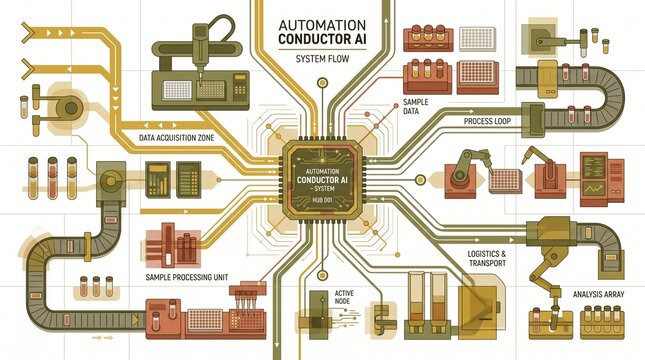 Automation Conductor AI System Flow, intricate industrial process diagram, artificial intelligence manufacturing, smart factory technology, robotic assembly line illustration