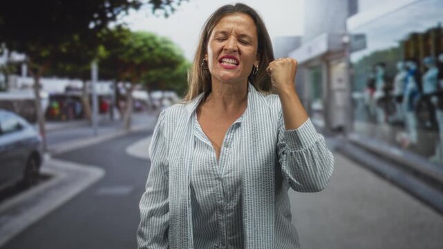 Woman with clenched fist and raised arm on a street storefront, mouth open in a shouting gesture and intent expression; defiance determination.