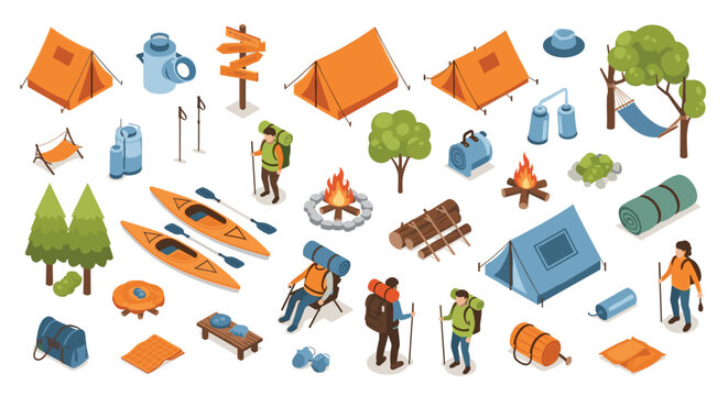 Extensive isometric set of camping equipment including tents, backpacks, characters, campfire, and kayaks for outdoor adventure and hiking themes.