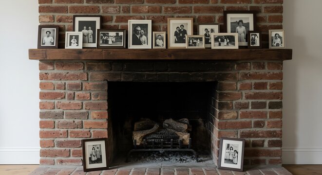 Soft natural light gently illuminates a charming brick fireplace adorned with numerous vintage family photographs. AI Generated