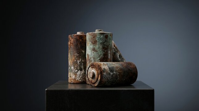 Corroded old batteries stacked on a dark pedestal representing environmental waste and chemical decay in a minimalist studio