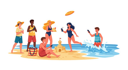 Obraz premium Diverse group of friends enjoying a vibrant summer day at the beach.