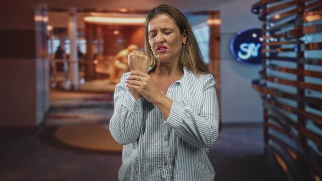 Middle aged hispanic woman in a striped shirt rubbing her wrist with the other hand and grimacing near lounge seating and wood paneling in a building; pain.
