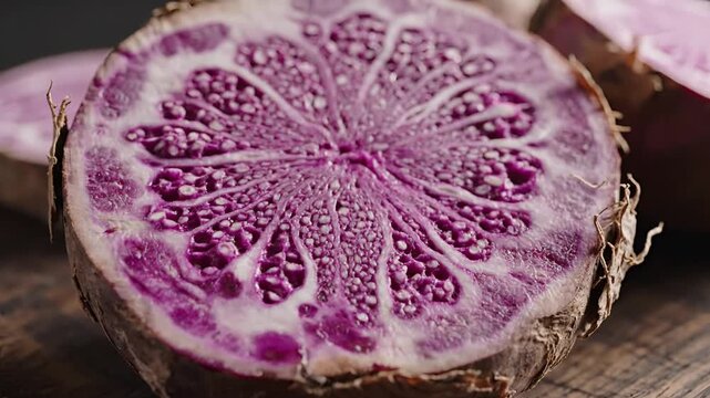 Closeup of a crosssection of a vibrant purple yam on a wooden surface.