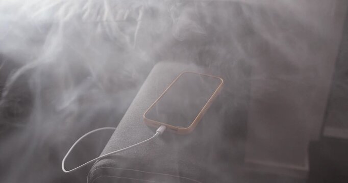heavy smoke coming from a smartphone connected to a charging cable, representing overheating battery, fire danger, electrical failure, device malfunction, and home safety risks.