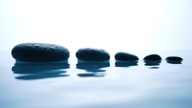 Black zen stones in calm blue water against white