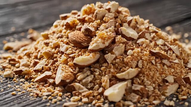 Closeup of a pile of chopped nuts and seeds on a rustic wooden surface.