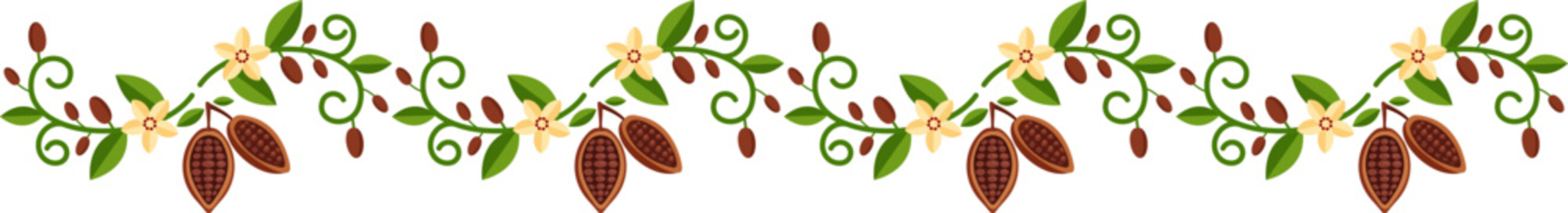 Vector Illustration of Cocoa Pod and Flower Horizontal Seamless Border Banner Isolated on White Background