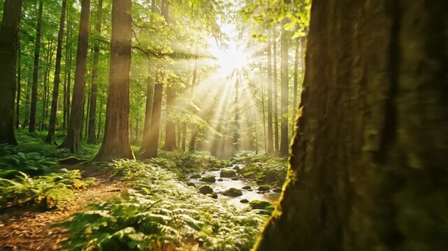 Golden sun rays streaming through a lush temperate rainforest with a flowing mountain stream scene