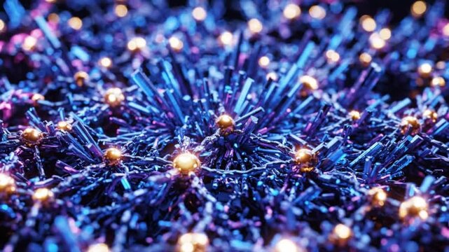 Abstract Blue Metallic Crystalline Structure with Golden Spheres