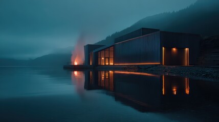 Fototapeta premium 8K Ultra HD Modern minimalist cabin architecture by a serene lake at twilight with a glowing outdoor fireplace and warm interior lighting reflecting on calm water image