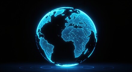Fototapeta premium Digital Earth Globe: A luminous blue digital globe displays intricate connections and data, representing global networks and technological advancements against a dark backdrop.