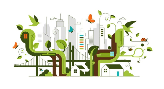 Green Cityscape with Lush Vines and Urban Elements.