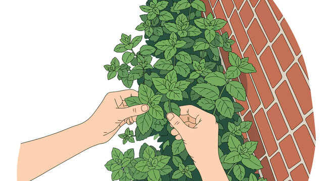 Hands harvesting fresh basil leaves from a vibrant green plant.