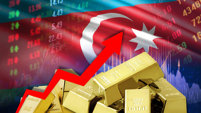 Azerbaijani gold market surges amidst a dynamic economic, investment, and financial trading landscape. The illustration features the national flag alongside financial charts.
