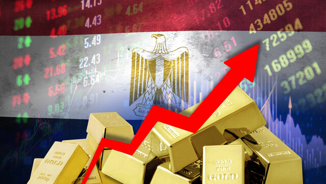 Egyptian gold market surges amidst a dynamic economic, investment, and financial trading landscape. The illustration features the national flag alongside financial charts.