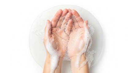 Fototapeta premium Hands cupped with white soap foam isolated on white background.
