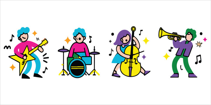 Cartoon musicians playing guitar drums cello and trumpet with music notes and stars