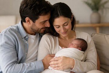 Fototapeta premium Loving parents cuddling newborn baby at home