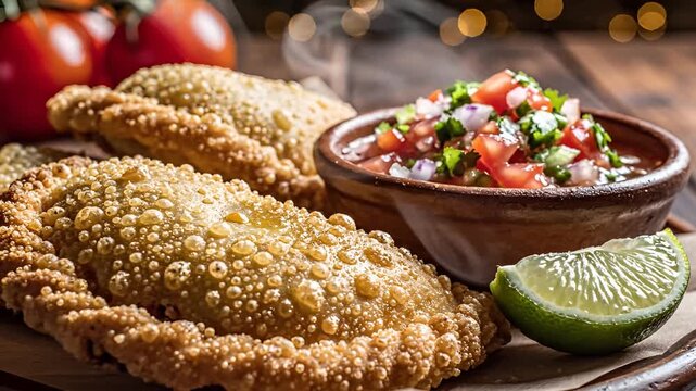 Delicious Fried Empanadas with Fresh Pico de Gallo and Lime on Rustic Wooden Table.