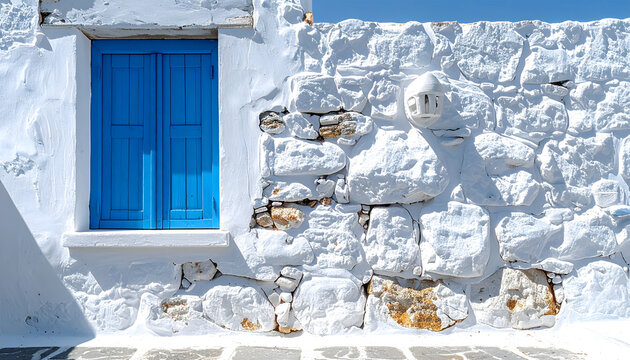 Mediterranean stone wall with thick white lime paint softening irregular shapes featuring a bright blue wooden shutter frame Greek island generative AI
