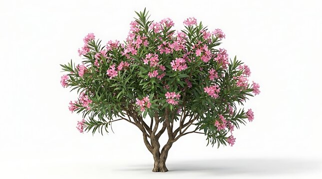 Pink oleander bush in bloom isolated on white background