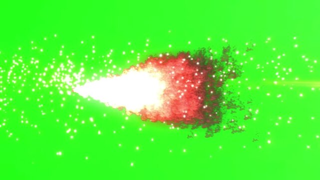 Fiery projectile with bright white and red glowing tip and trailing sparks and smoke effect moving rapidly across a vibrant green screen background dynamic motion graphics