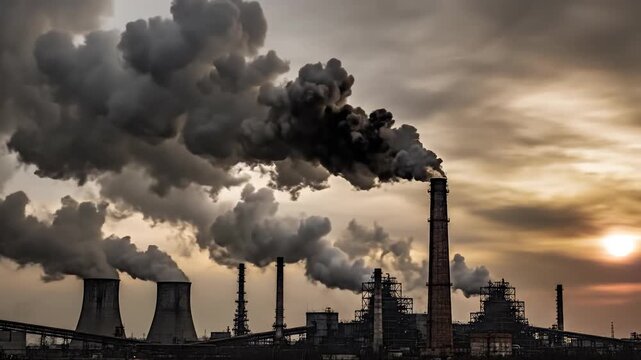 Asap Emisi Pabrik Industri. Gambar menampilkan kompleks pabrik industri dengan beberapa cerobong tinggi yang mengeluarkan asap tebal ke langit saat senja, menggambarkan isu polusi udara, emisi karbon,