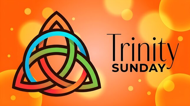 Trinity Sunday banner design with colorful triquetrous Celtic knot symbol on orange bokeh background