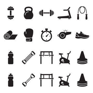 Vector sports training equipment workout gear silhouette icon pack featuring kettlebells dumbbells treadmill jump rope