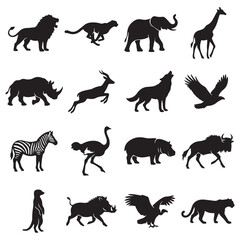 Fototapeta premium African wildlife animal silhouette icon pack featuring lions elephants giraffes zebras and more