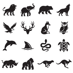 Obraz premium Wildlife animal vector icons pack featuring lion elephant bear wolf eagle deer fox owl dolphin shark snake turtle rhino gorilla cheetah kangaroo silhouette