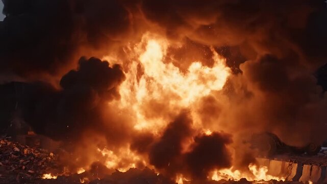 Massive Explosion Erupts with Intense Fireball and Smoke at Night.