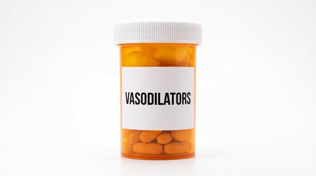 Plastic orange prescription bottle containing round medical pills labeled as vasodilators isolated on white background
