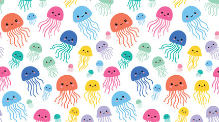 Cute Kawaii Jellyfish Seamless Pattern – Colorful Hand Drawn Ocean Sea Life Vector Background Wallpaper © Amirul