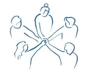 Doodle hand drawn sketch people joining hands in circle, group of figures standing together in unity and teamwork pose. Community, solidarity and togetherness concept illustration graphic © shital