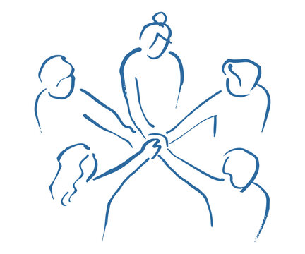 Doodle hand drawn sketch people joining hands in circle, group of figures standing together in unity and teamwork pose. Community, solidarity and togetherness concept illustration graphic