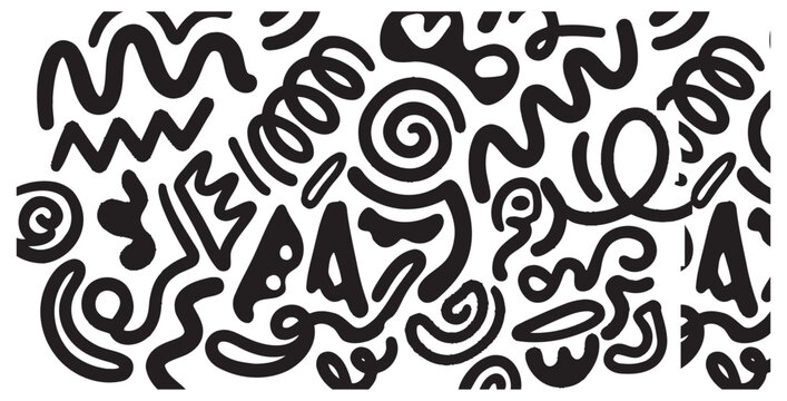 Abstract black and white doodle patterns with various organic shapes on transparent background