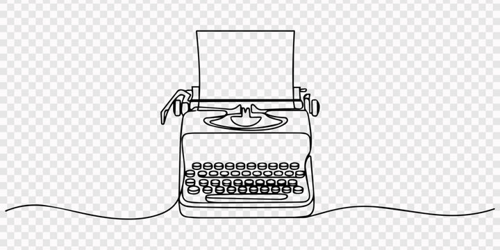 Vintage typewriter with blank paper in the roller, simple line art illustration Vector, illustration, transparent background, Retro Writing Machine with Paper on White Background, continuous one line.