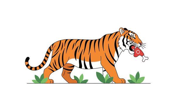 Tiger walking with meat in mouth, jungle animal, predator, cartoon style