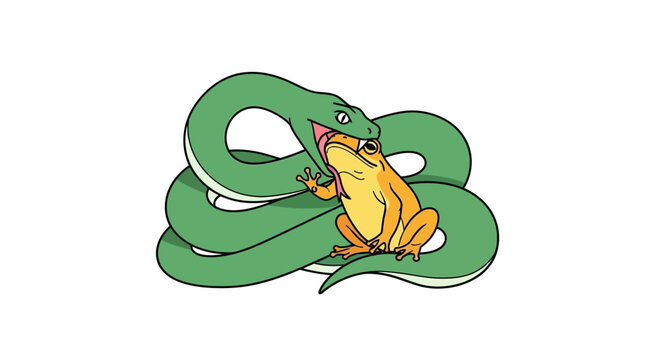 Green Snake Attacking Orange Frog Illustration