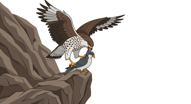 Hawk attacking falcon on rocky cliff edge, wildlife predator prey interaction, nature scene