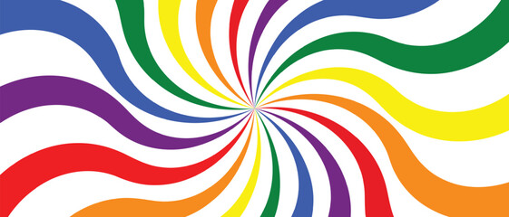 Retro background in rainbow pride colors with vintage circus sunbeam. Psychedelic LGBT colorful swirl poster, abstract pattern in 70s carnival style. Hypnotic sunbeam vector illustration. © Olga Shulgina
